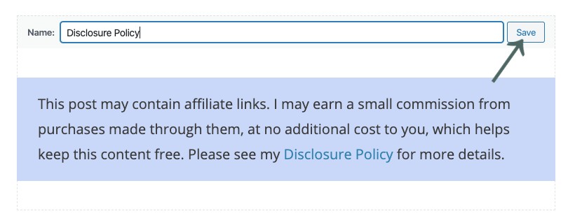 Affiliate Disclosure Link Reusable Block